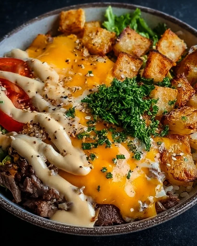 Delicious smash burger bowl with juicy beef and fresh toppings
