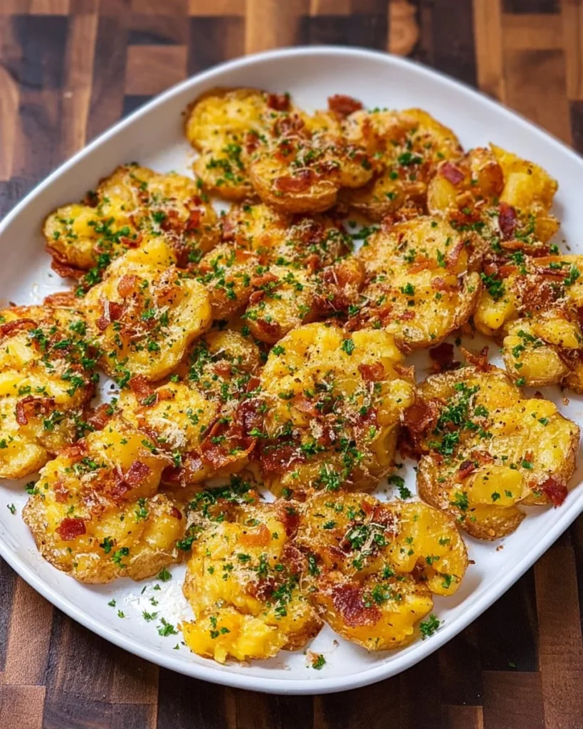 Delicious smashed potatoes garnished with herbs and fresh butter
