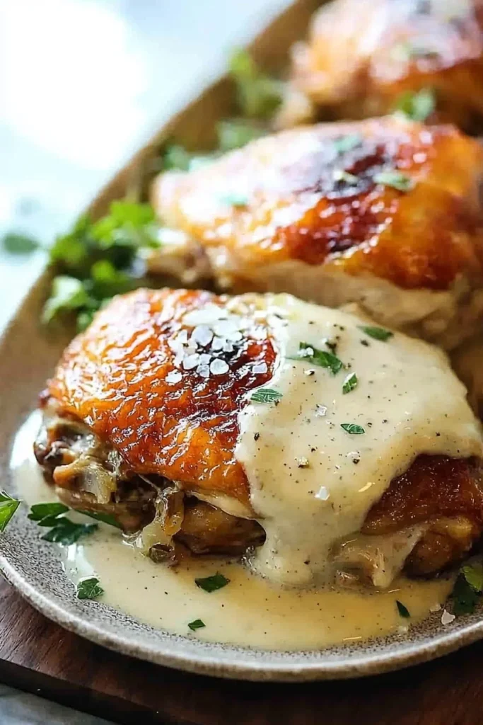 Delicious smothered baked chicken served with gravy and sides