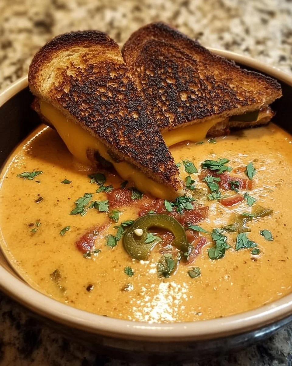 Spicy Jalapeño Popper Soup with Grilled Cheese Dippers