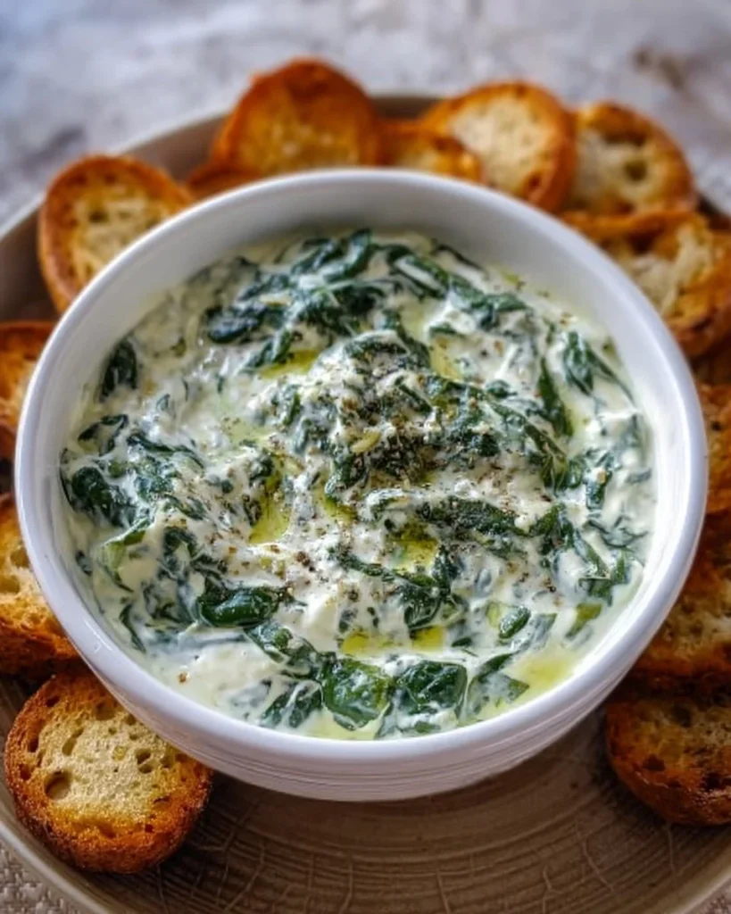 Delicious spinach protein dip served with fresh vegetables and crackers.