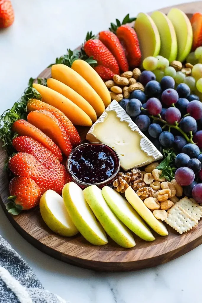 Spring fruit and cheese board with seasonal fruits and artisanal cheeses
