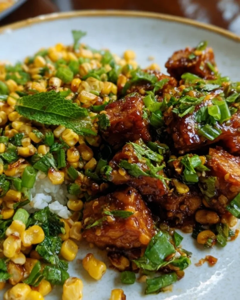Plate of sticky ginger tempeh served with charred corn and scallion salad.