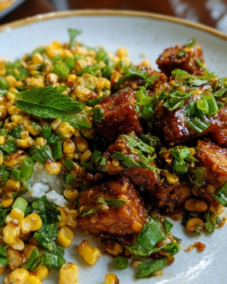 Sticky Ginger Tempeh with Charred Corn & Scallion Salad