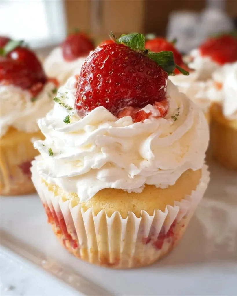 Delicious strawberries and cream cupcakes topped with fresh strawberries