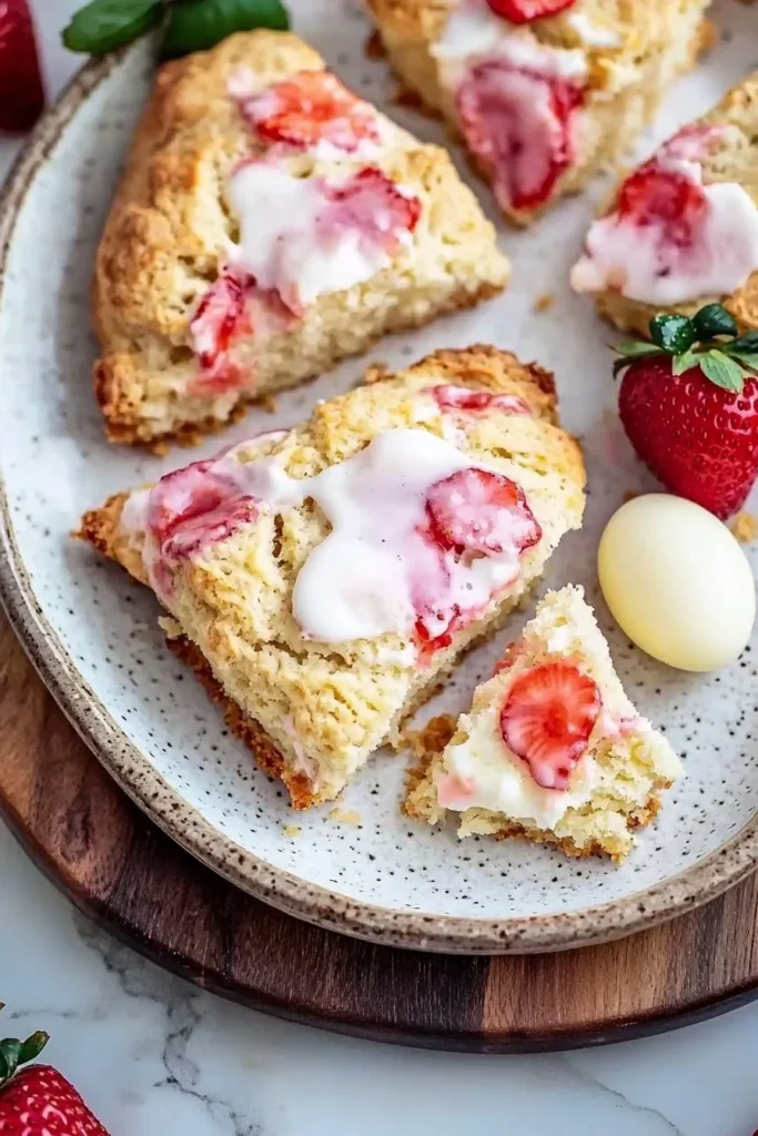 Freshly baked strawberries and cream scones on a table