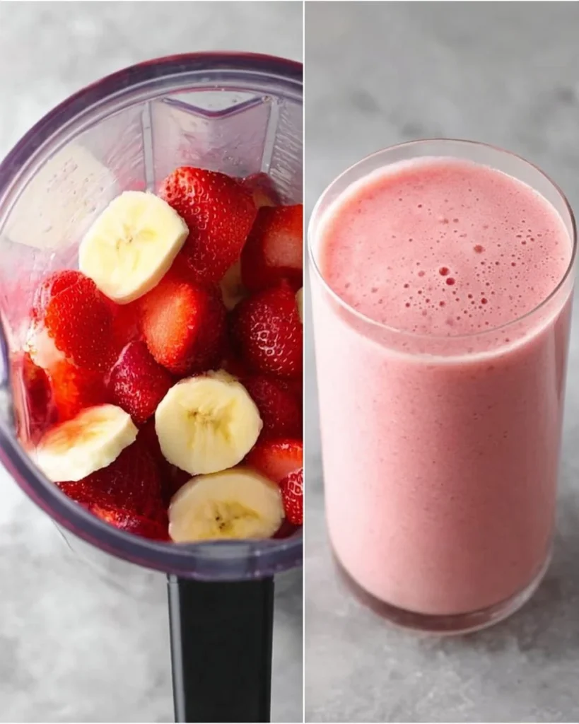 Strawberry banana smoothie in a glass with fresh fruit on the side.