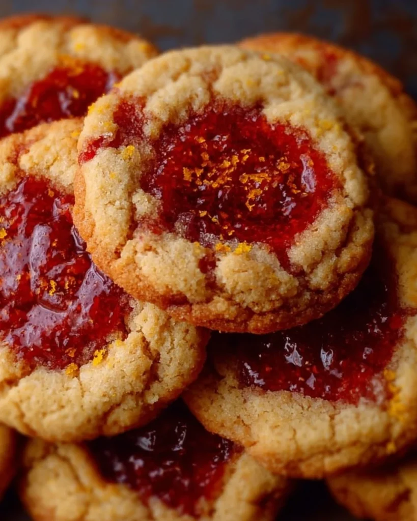 Freshly baked strawberry jam cookies with a sweet red filling.