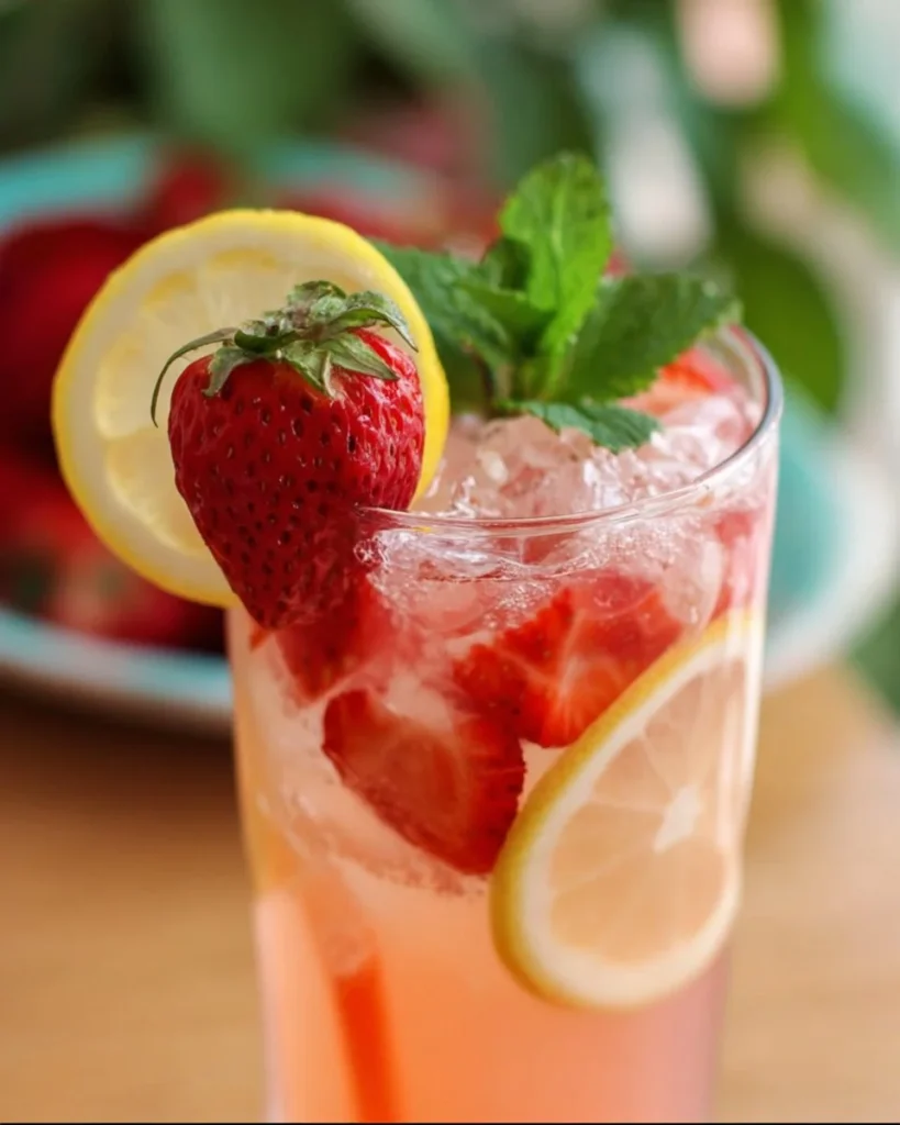 Refreshing homemade strawberry lemonade in a glass with lemon slices and strawberries