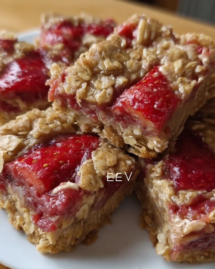 Homemade strawberry oatmeal bars on a cutting board, perfect for snacking.