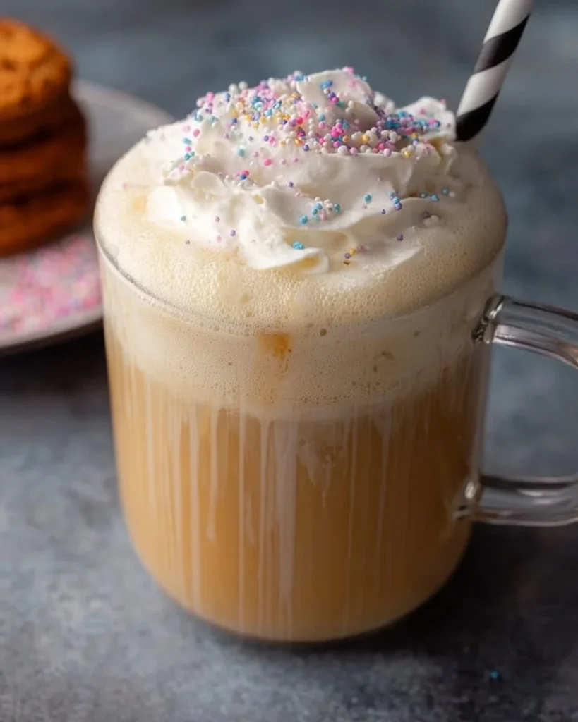 Sugar Cookie Latte topped with whipped cream and sprinkles in a festive mug