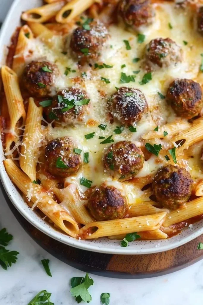 Delicious Swedish meatball pasta bake with creamy sauce and garnished herbs.