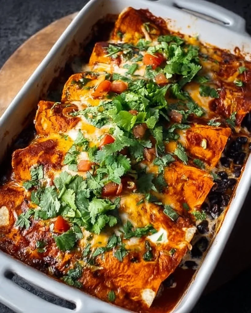 Baked Sweet Potato and Black Bean Enchiladas topped with cheese and avocado
