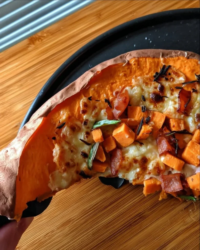 Delicious homemade Sweet Potato Pizza topped with fresh ingredients
