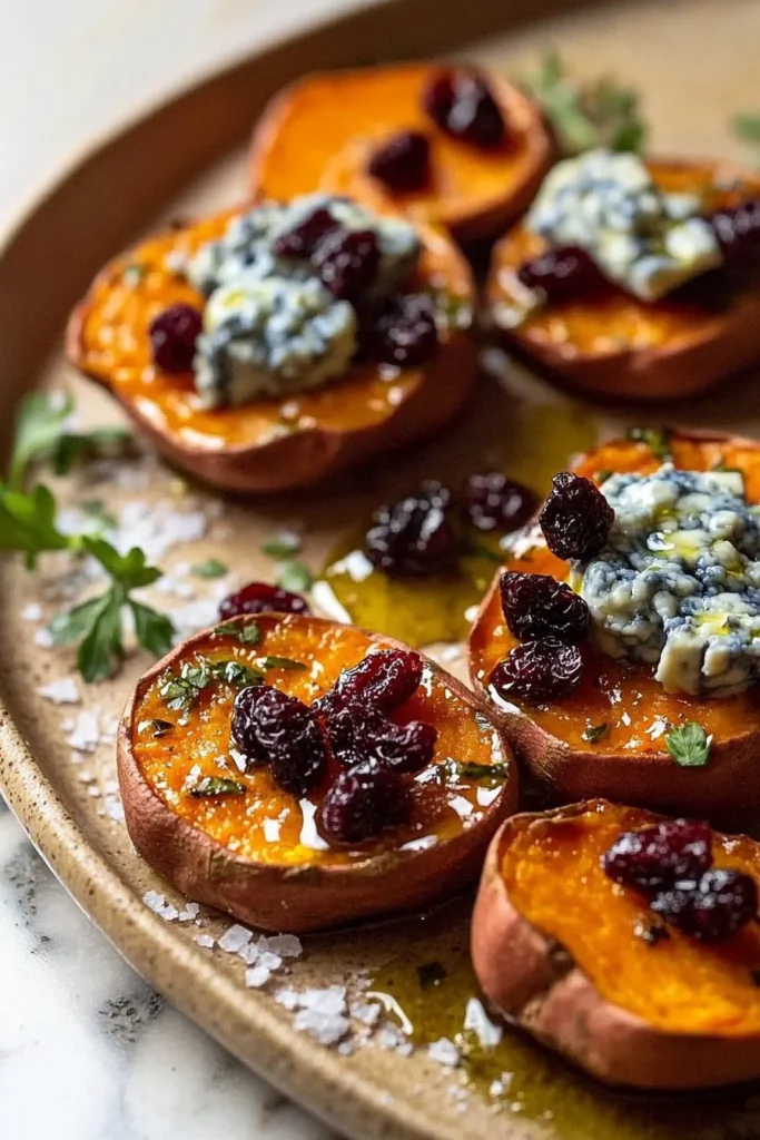 Sweet potato rounds with blue cheese and cranberries on a serving platter