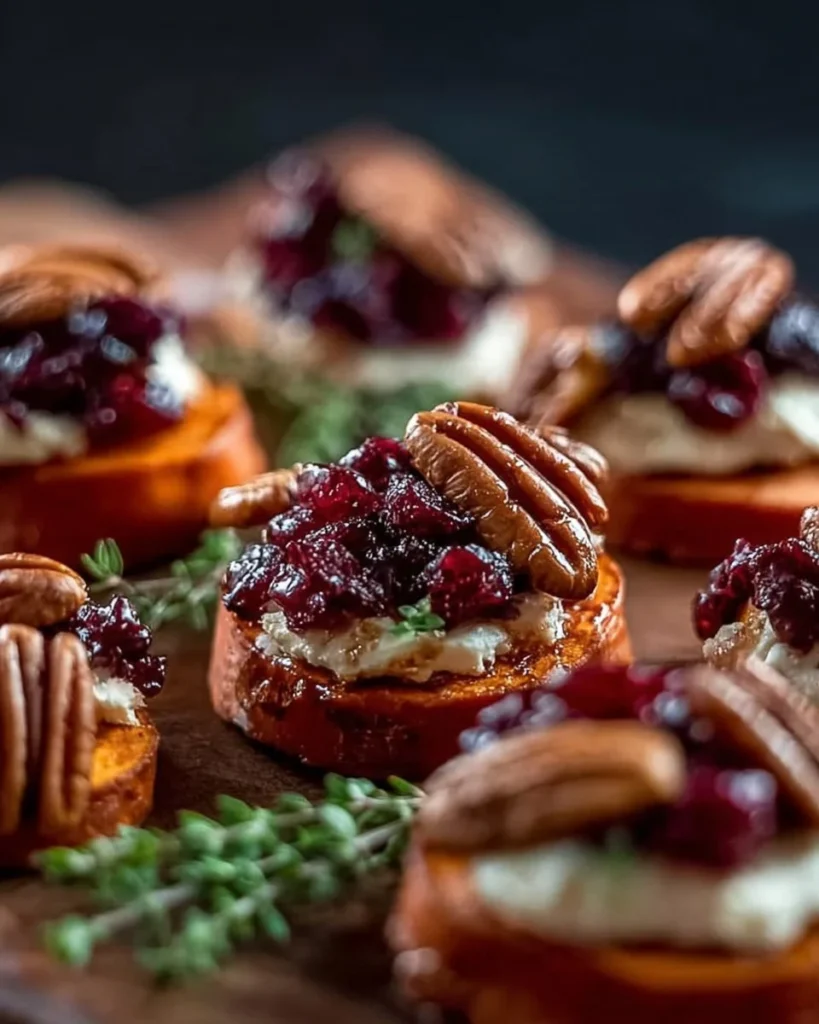 Sweet potato rounds topped with brie, cranberry, and pecans on a serving platter