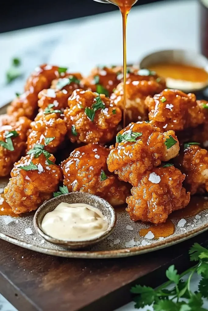Plate of tasty Bang Bang Chicken drizzled with spicy sauce and garnished with green onions.