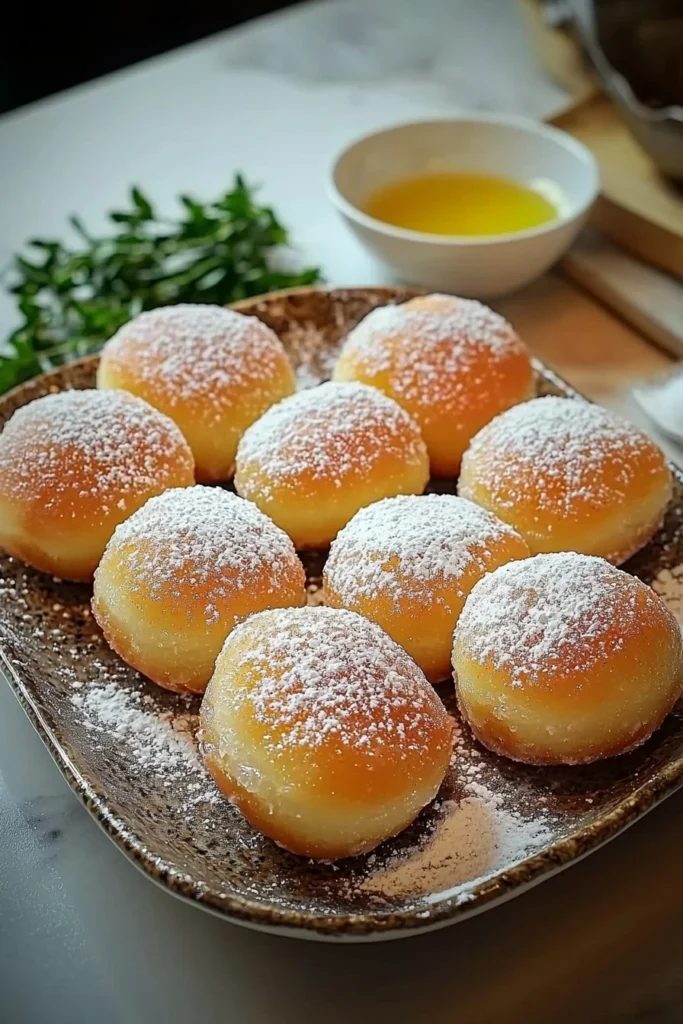 A plate of freshly made mochi doughnuts, showcasing their unique texture and toppings.