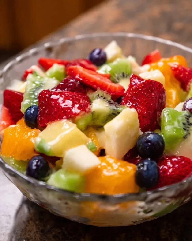 Bowl of colorful and fresh spring fruit salad with various fruits