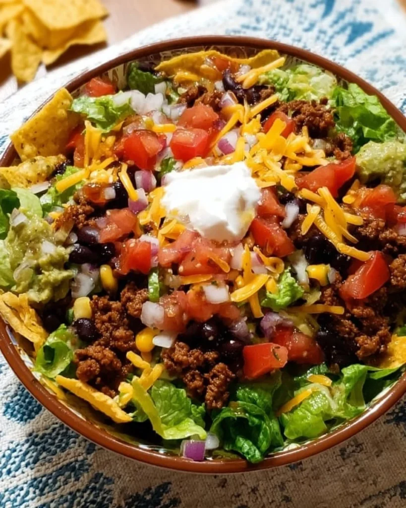Colorful and tasty taco salad served in a bowl with fresh ingredients.