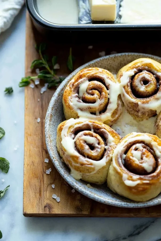 Freshly baked cinnamon rolls topped with creamy icing