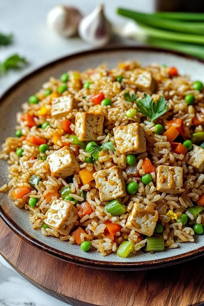 Delicious bowl of tofu fried rice with colorful veggies and soy sauce