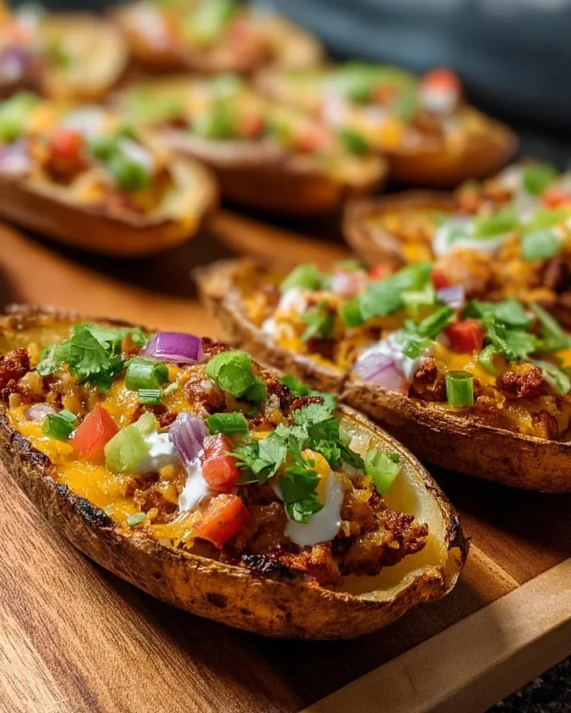 Vegan Nacho Potato Halves topped with dairy-free cheese and fresh toppings.