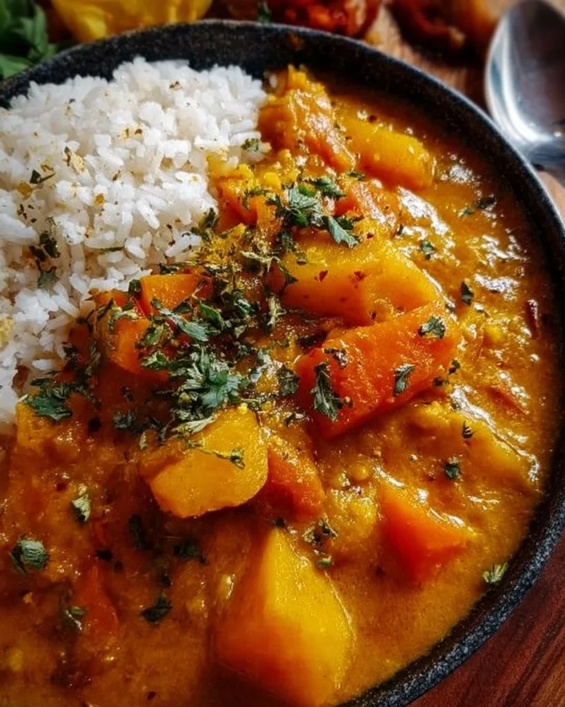 Bowl of vegan pumpkin curry with spices and herbs