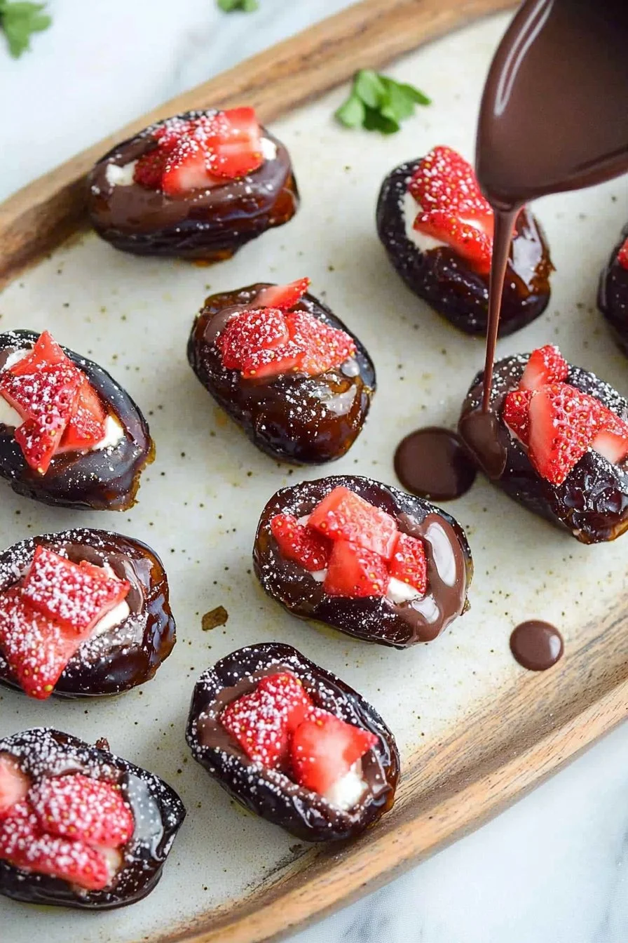 Vegan Strawberry Cream Stuffed Dates Dipped in Chocolate