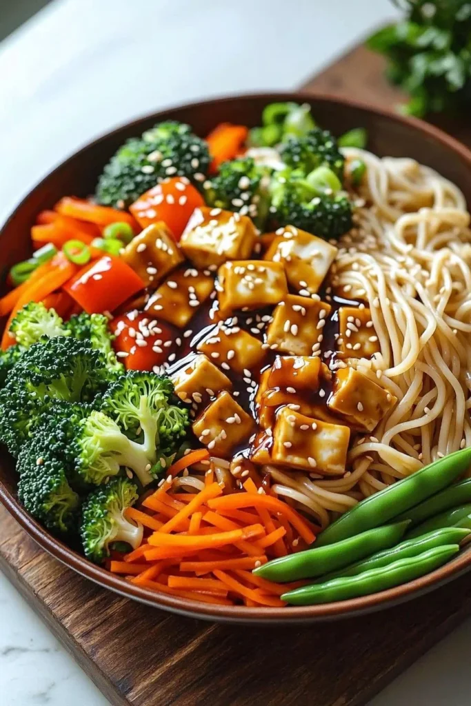Vegan Teriyaki Noodle Bowl with colorful vegetables and noodles