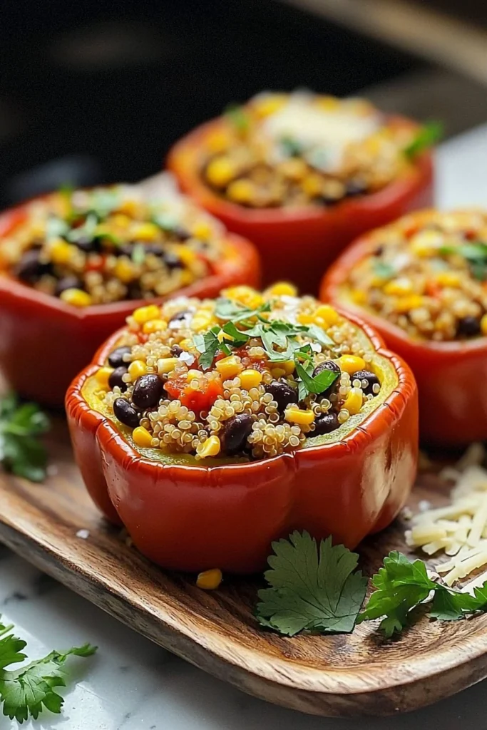 Plate of delicious vegetarian stuffed peppers filled with quinoa and vegetables