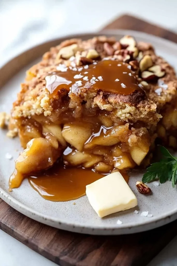 Warm caramel apple dump cake with buttery crust served in a bowl