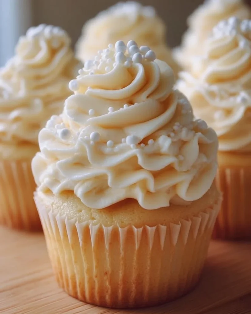 White elegant cupcakes decorated with delicate frosting and floral accents.