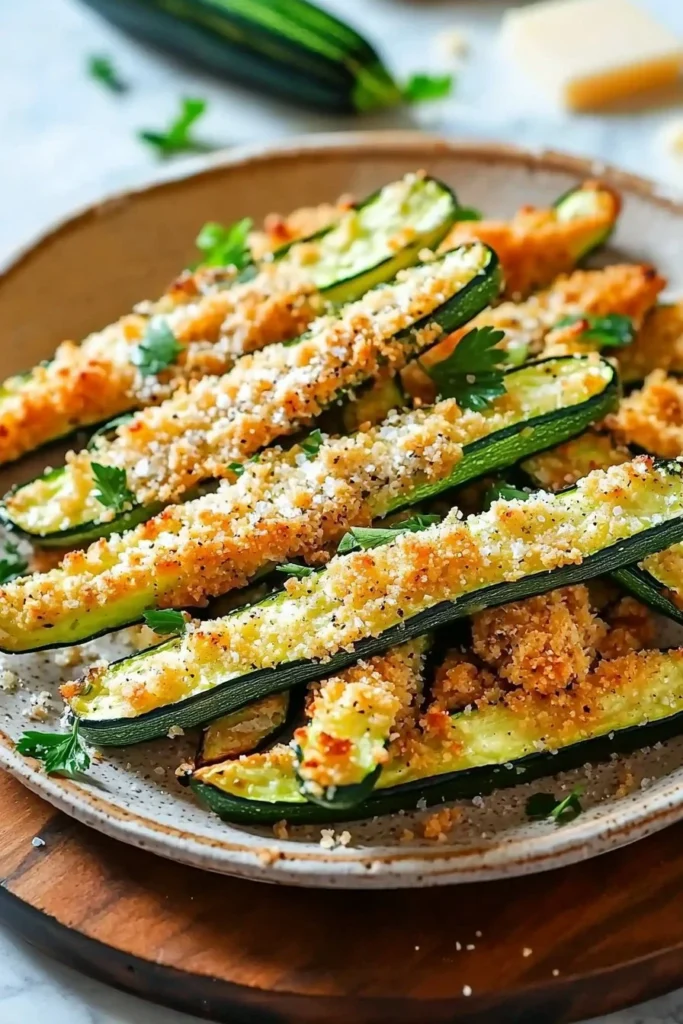 Baked zucchini fries with Parmesan cheese served on a plate