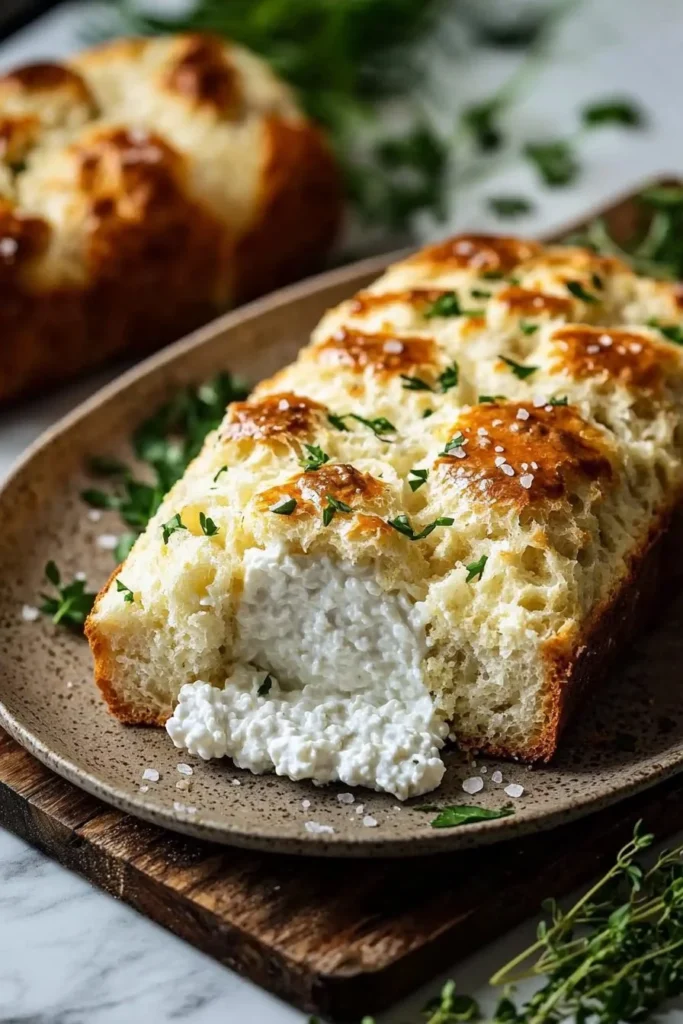 Freshly baked 2-ingredient cottage cheese bread on a wooden cutting board.