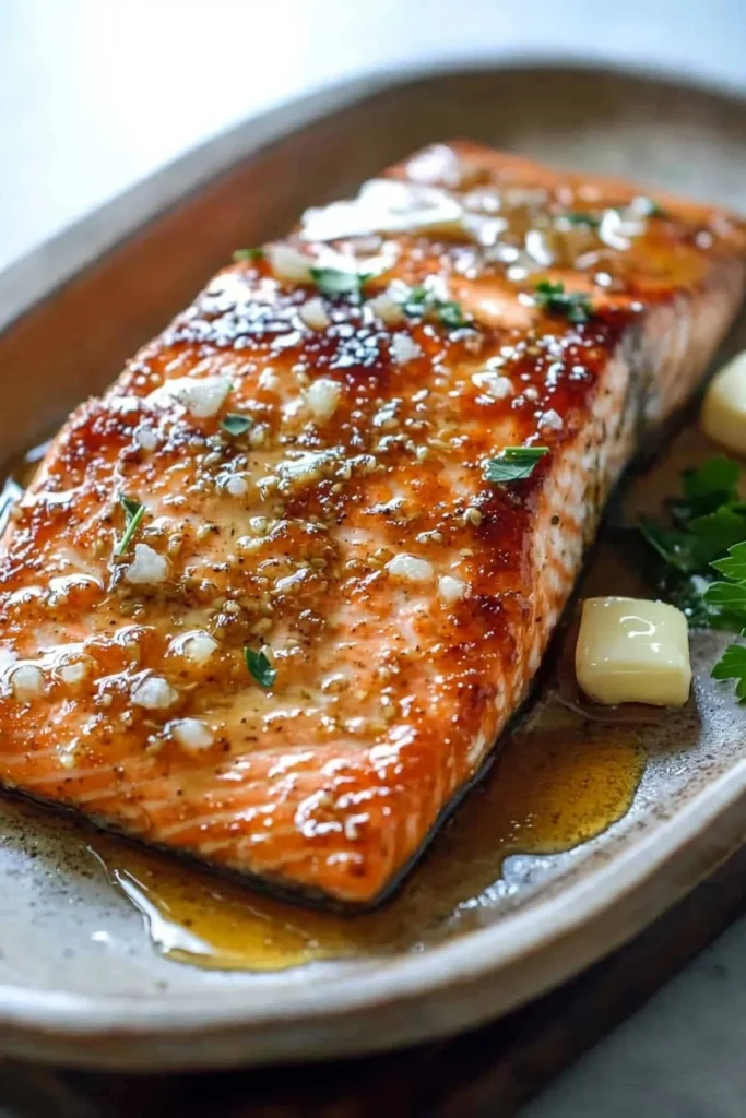 Delicious honey garlic butter salmon served with fresh herbs and lemon.
