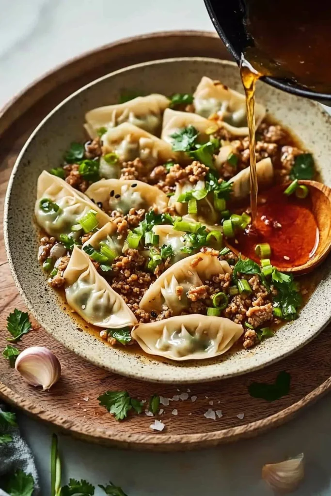 Delicious wonton dumpling skillet dish served with vegetables and sauce