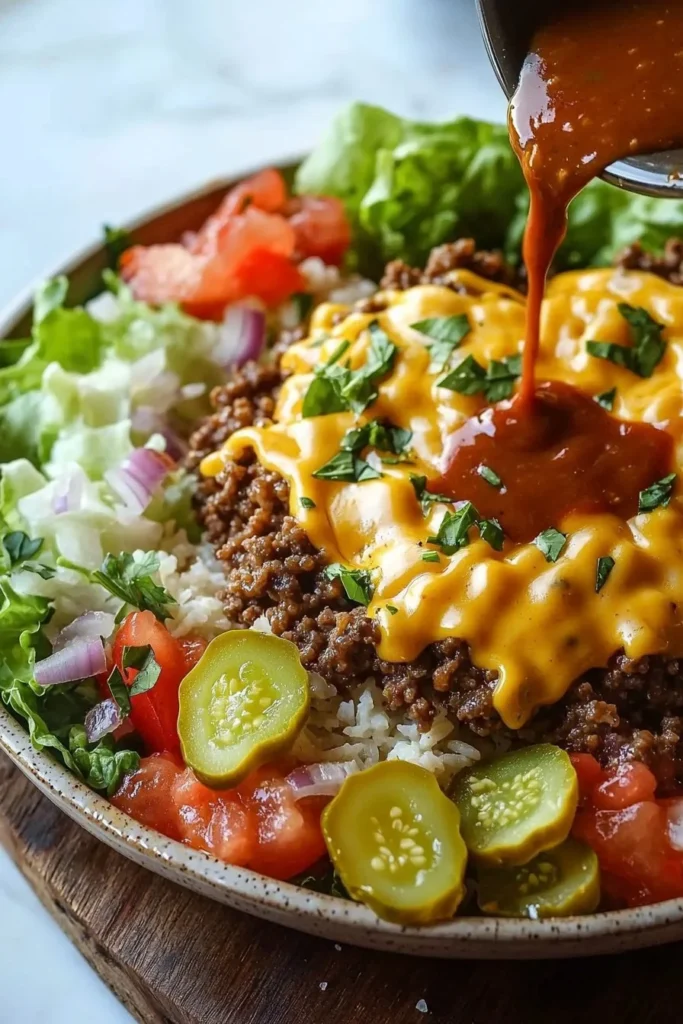 Delicious 25-minute cheeseburger bowl recipe with fresh ingredients
