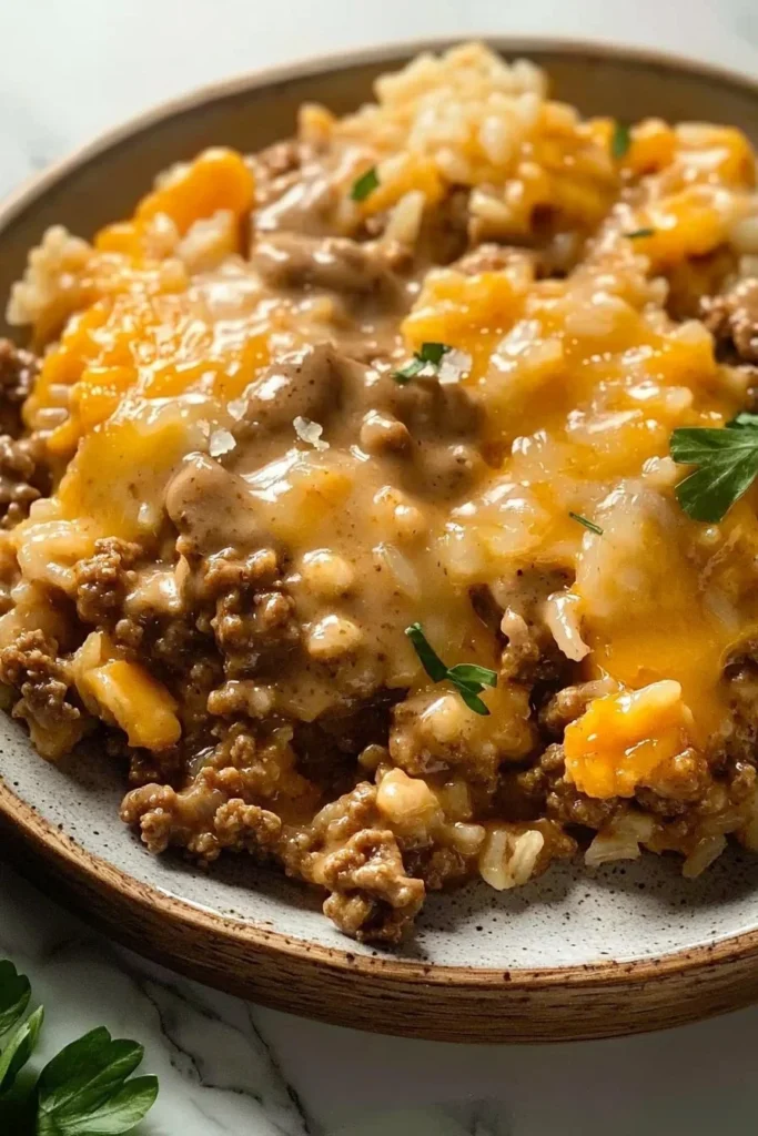 A comforting 5-Ingredient Ground Beef Casserole topped with melted cheese.