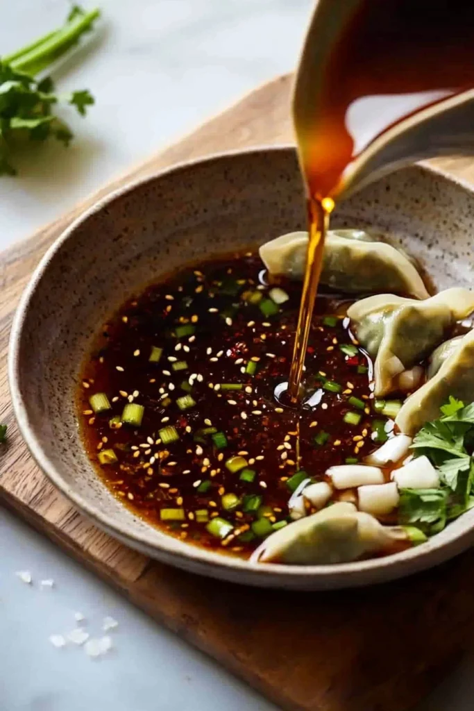 Homemade gyoza dipping sauce served with dumplings