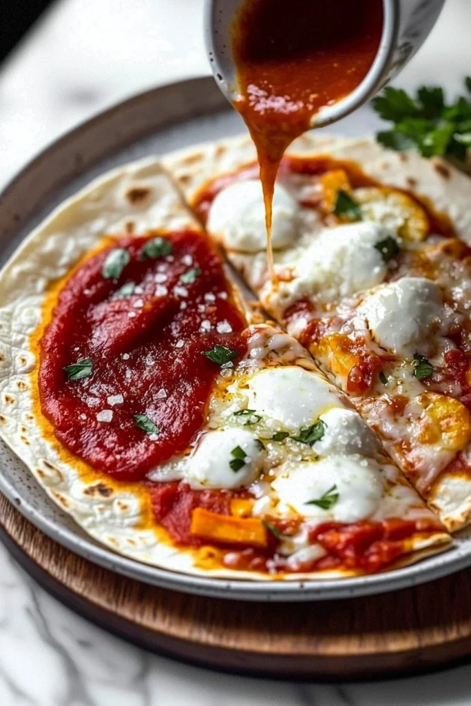 Delicious 5 minute personal tortilla pizza topped with fresh ingredients
