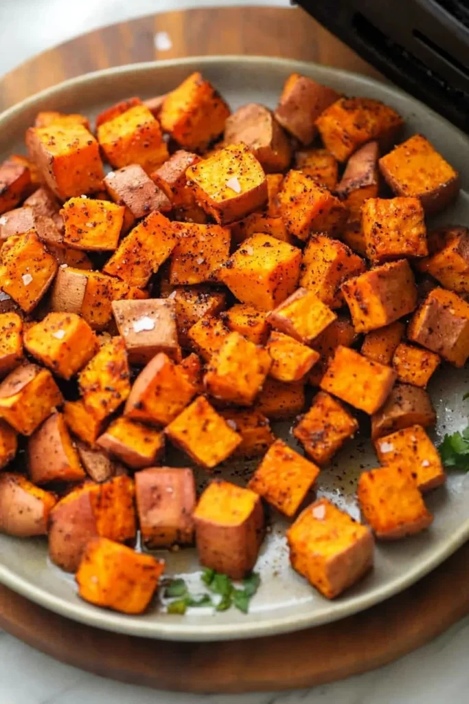 Air fryer roasted sweet potato cubes served in a bowl