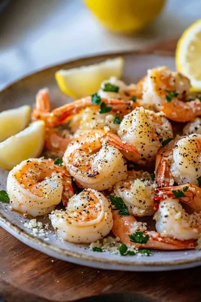 Crispy air fryer shrimp with garlic butter and parmesan on a plate