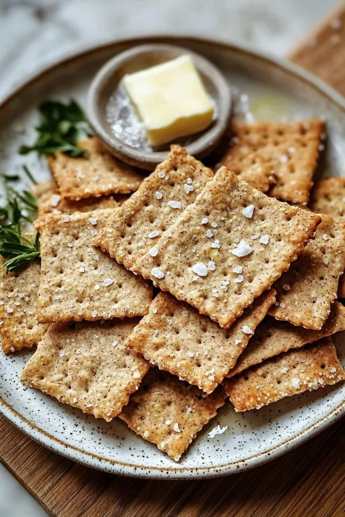 Plate of homemade almond flour crackers served with dips