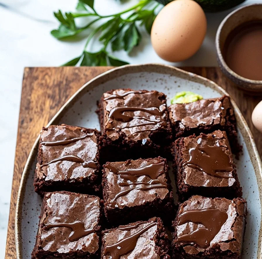 Delicious avocado brownies topped with a sprinkle of sea salt on a wooden table.