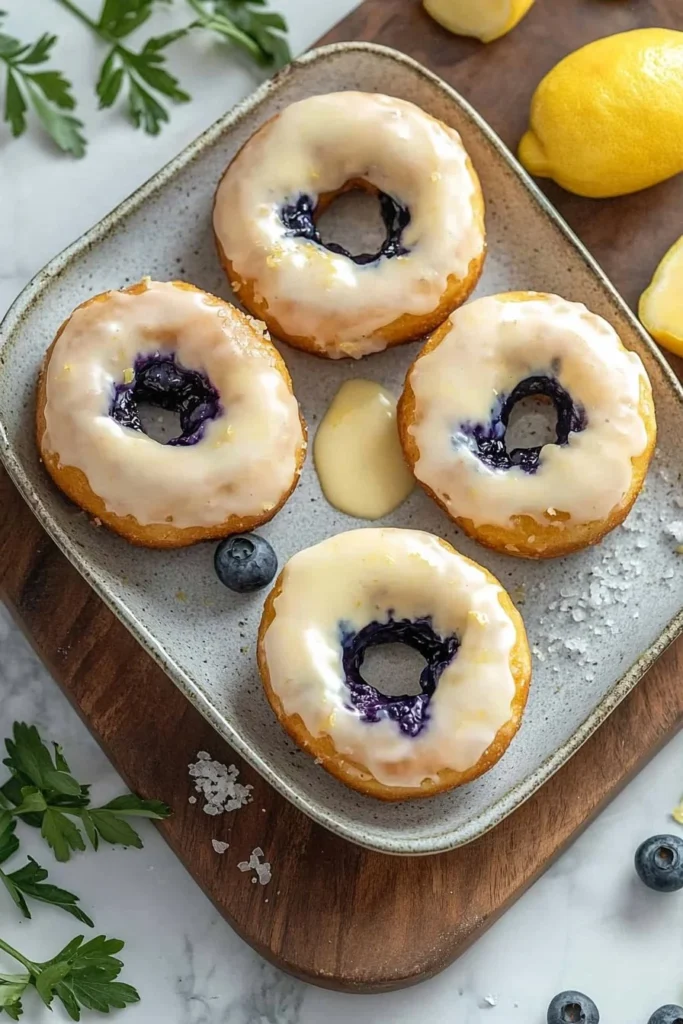 Baked lemon blueberry donuts with fresh berries and a glaze.