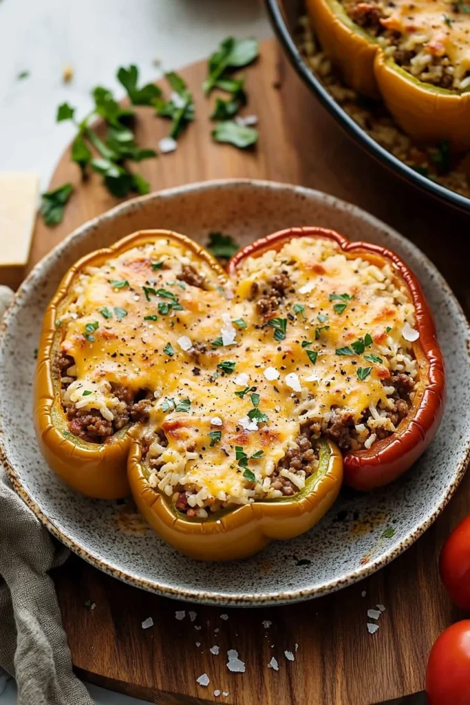 Baked stuffed bell peppers with beef and rice on a plate.