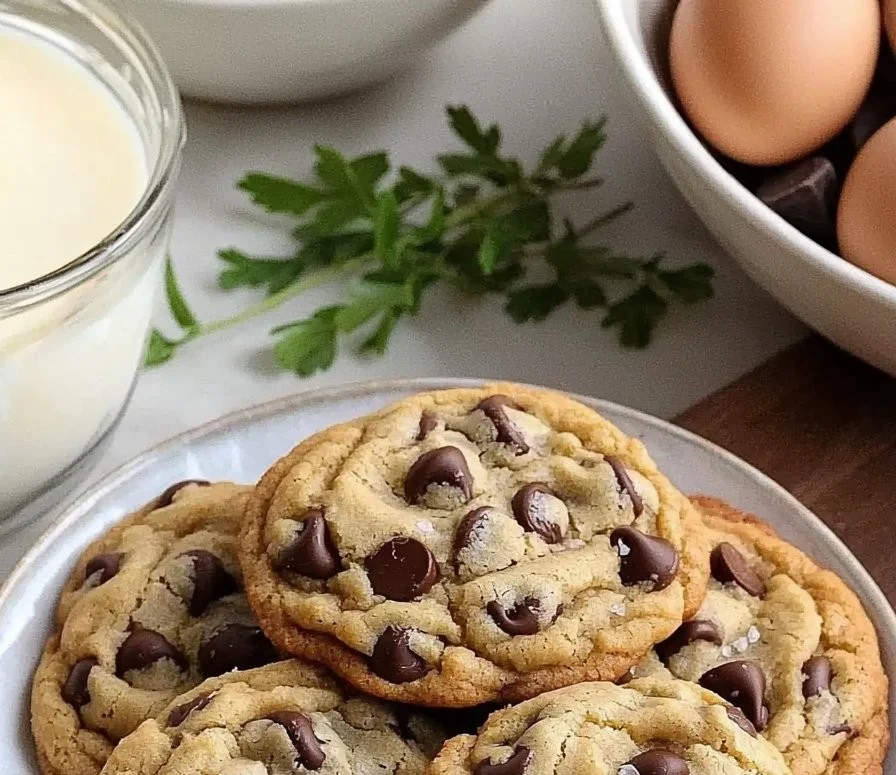 Freshly baked bakery style chocolate chip cookies on a cooling rack