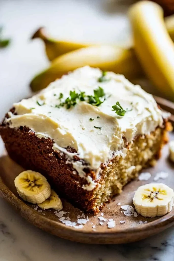 Banana cake with cream cheese frosting served on a white plate