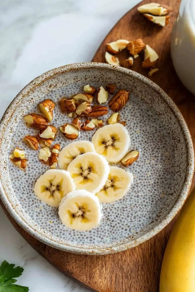 Homemade banana chia pudding topped with sliced bananas and nuts